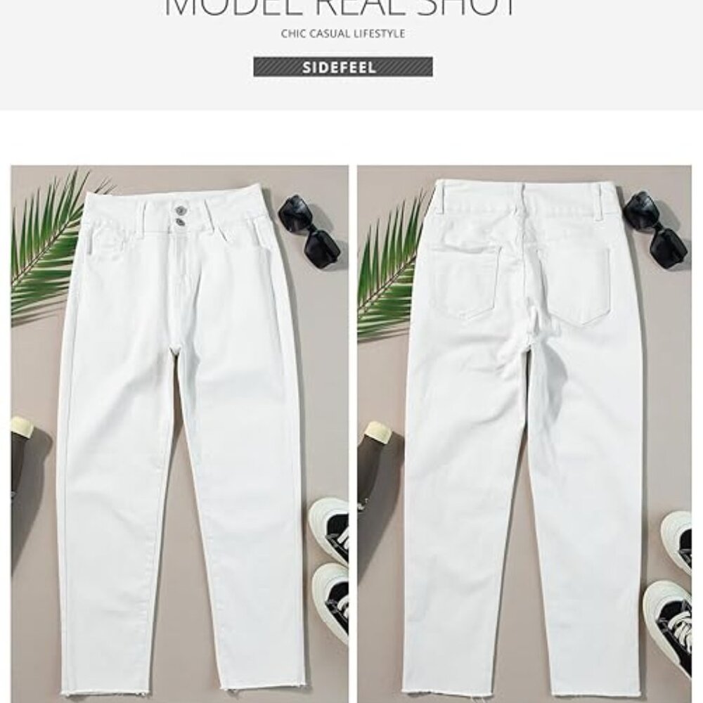 White Jeans, high waist, raw hem, stretchy,  size 6